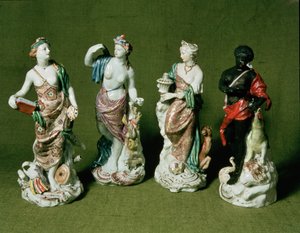 ウィリアムクックワージーの下でロングトンホールの型から製造された4つの大陸のプリマス磁器のフィギュア、1770年頃（磁器）